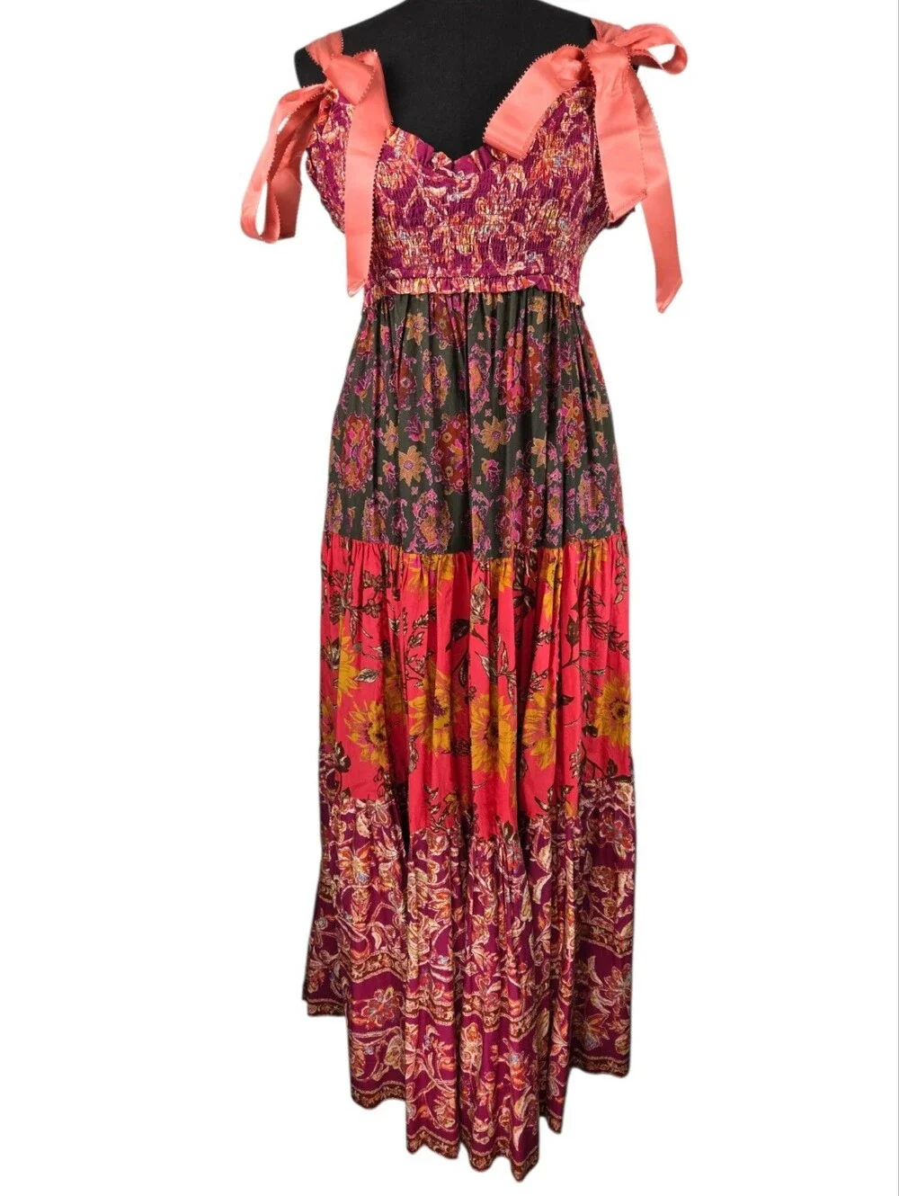 Free People Bluebell Maxi Dress Magenta Combo Floral Boho Smocked Pockets Sz S - Picture 6 of 16